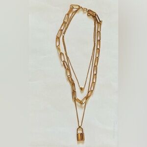 Gold Triple Layered Necklace with Padlock Pendant